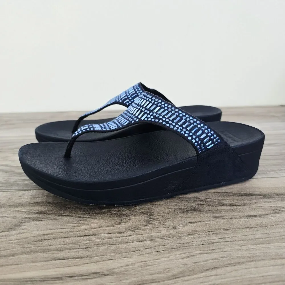 FitFlop Womens 7 Strobe Rhinestone Sandals Shoe Navy Thong Wedge SlipOn Comfort